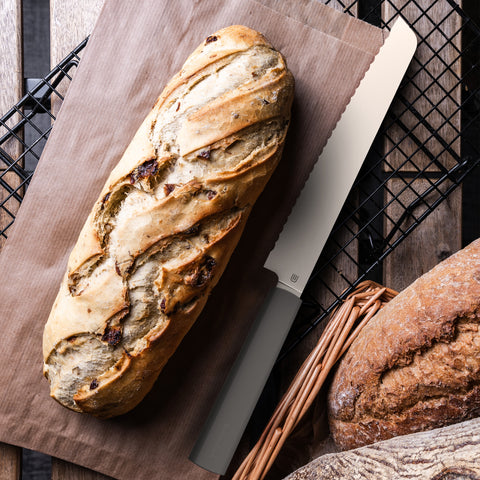 Butterfork Purest 8” Bread Knife with Oak Sheath, AR-RPM9 Stainless Steel, Replaceable ABS Handle, Dark Grey