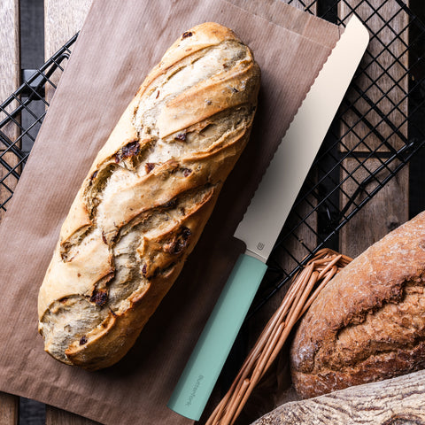 Butterfork Purest 8” Bread Knife with Oak Sheath, AR-RPM9 Stainless Steel, Replaceable ABS Handle, Turquoise Green