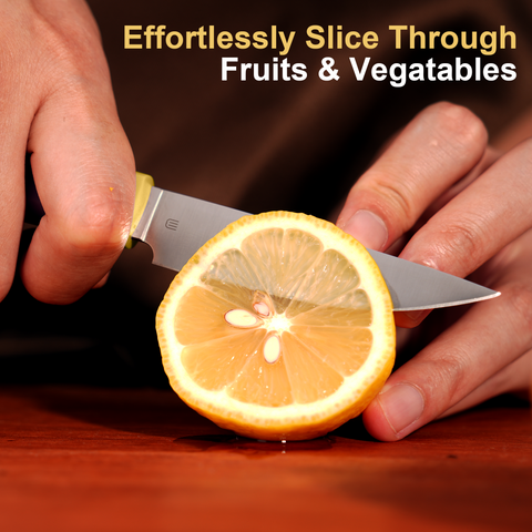 Butterfork Purest  3.5'' Paring Knife with Oak Sheath, Modern Vegetable & Fruit Knife, AR-RPM9 Stainless Steel, Replaceable ABS Handle, Pale Yellow