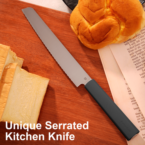 Butterfork Purest 8” Bread Knife with Oak Sheath, AR-RPM9 Stainless Steel, Replaceable ABS Handle, Dark Grey