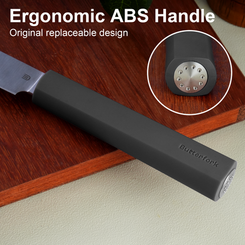 Butterfork Purest 8” Bread Knife with Oak Sheath, AR-RPM9 Stainless Steel, Replaceable ABS Handle, Dark Grey