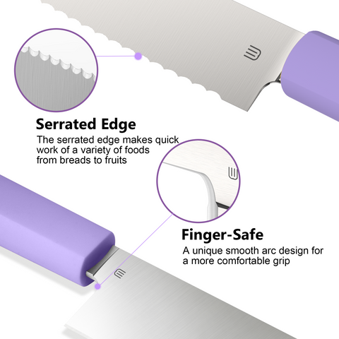 Butterfork Purest 8” Bread Knife with Oak Sheath, AR-RPM9 Stainless Steel, Replaceable ABS Handle, Mist Violet