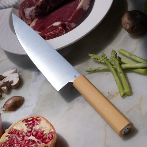 Butterfork Purest 8” Chef's Knife with Oak Sheath, AR-RPM9 Stainless Steel, Replaceable ABS Handle, Pale Yellow