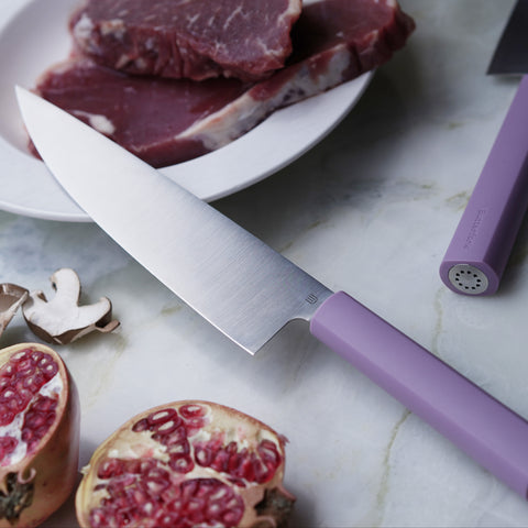 Butterfork Purest 8” Chef's Knife with Oak Sheath, AR-RPM9 Stainless Steel, Replaceable ABS Handle, Mist Violet