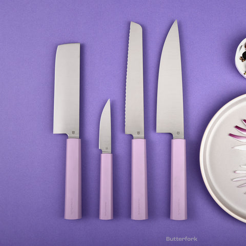 Butterfork Purest 8” Bread Knife with Oak Sheath, AR-RPM9 Stainless Steel, Replaceable ABS Handle, Mist Violet