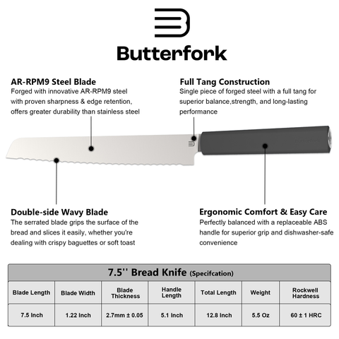 Butterfork Purest 8” Bread Knife with Oak Sheath, AR-RPM9 Stainless Steel, Replaceable ABS Handle, Dark Grey