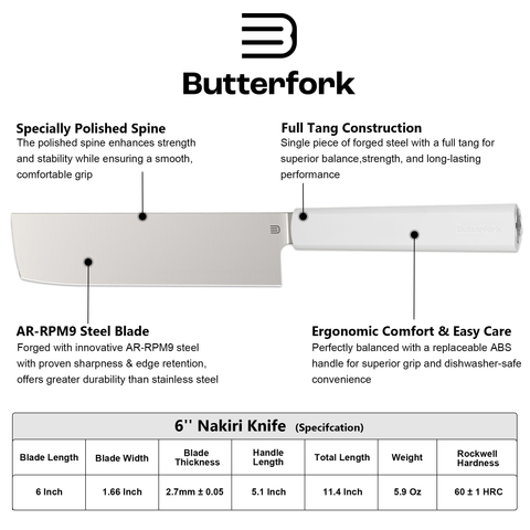 Butterfork Purest 6.2'' Nakiri Knife with Oak Sheath, AR-RPM9 Stainless Steel, Replaceable ABS Handle, Light Grey