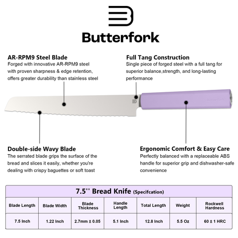 Butterfork Purest 8” Bread Knife with Oak Sheath, AR-RPM9 Stainless Steel, Replaceable ABS Handle, Mist Violet