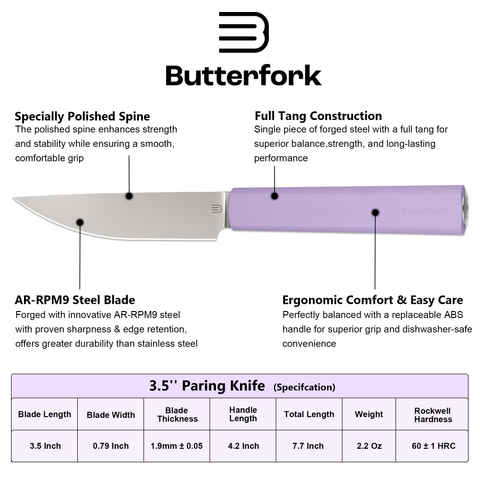 Butterfork Purest  3.5'' Paring Knife with Oak Sheath, Modern Vegetable & Fruit Knife, AR-RPM9 Stainless Steel, Replaceable ABS Handle, Mist Violet