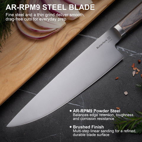 Butterfork Classic 8" Chef's Knife, AR-RPM9 Stainless Steel, Ergonomic Pakkawood handle, Ideal for All-Around Food Preparation