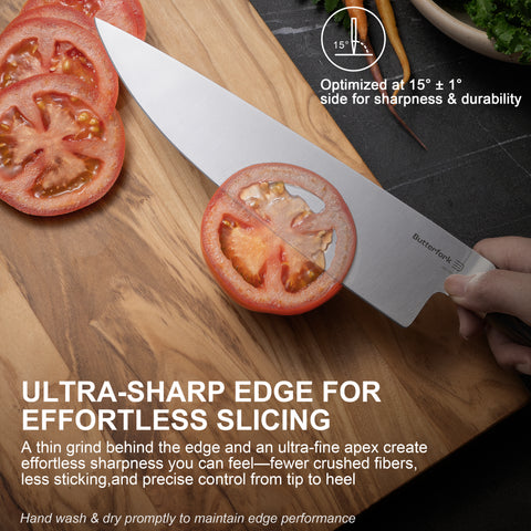 Butterfork Classic 8" Chef's Knife, AR-RPM9 Stainless Steel, Ergonomic Pakkawood handle, Ideal for All-Around Food Preparation