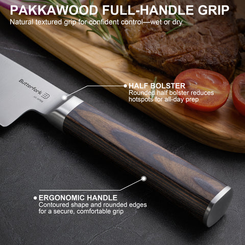 Butterfork Classic 8" Chef's Knife, AR-RPM9 Stainless Steel, Ergonomic Pakkawood handle, Ideal for All-Around Food Preparation