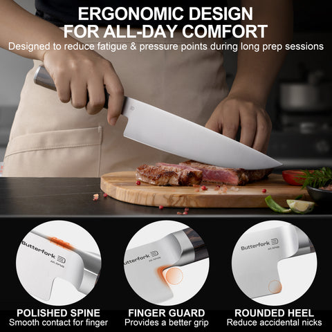 Butterfork Classic 8" Chef's Knife, AR-RPM9 Stainless Steel, Ergonomic Pakkawood handle, Ideal for All-Around Food Preparation