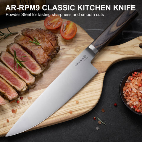 Butterfork Classic 8" Chef's Knife, AR-RPM9 Stainless Steel, Ergonomic Pakkawood handle, Ideal for All-Around Food Preparation