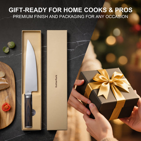 Butterfork Classic 8" Chef's Knife, AR-RPM9 Stainless Steel, Ergonomic Pakkawood handle, Ideal for All-Around Food Preparation
