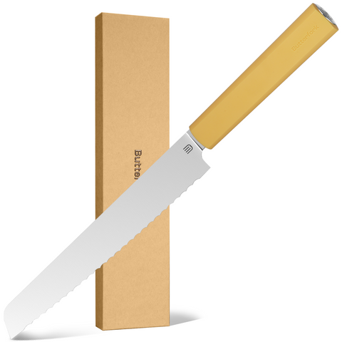 Butterfork Purest 8” Bread Knife with Oak Sheath, AR-RPM9 Stainless Steel, Replaceable ABS Handle, Pale Yellow