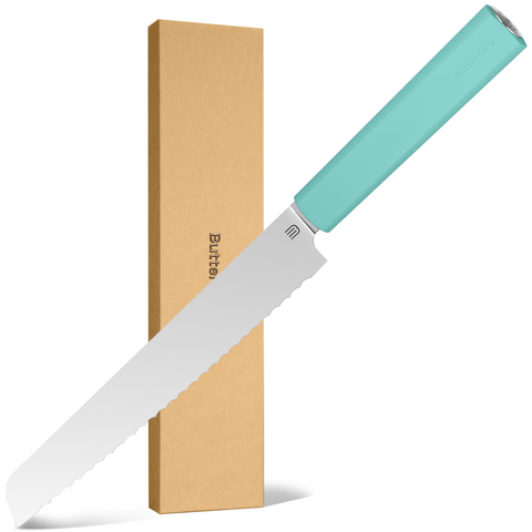 Butterfork Purest 8” Bread Knife with Oak Sheath, AR-RPM9 Stainless Steel, Replaceable ABS Handle, Turquoise Green