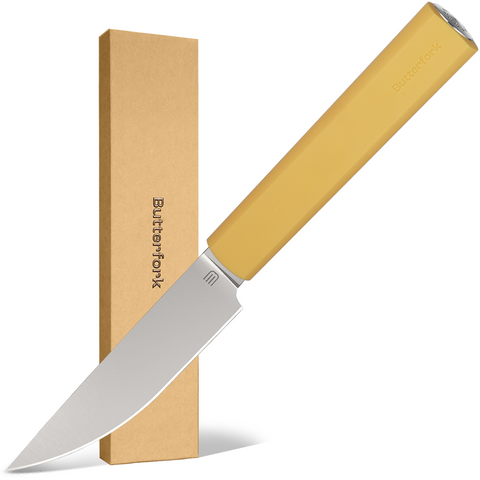 Butterfork Purest  3.5'' Paring Knife with Oak Sheath, Morden Vegetable & Fruit Knife, AR-RPM9 Stainless Steel, Replaceable ABS Handle, Pale Yellow