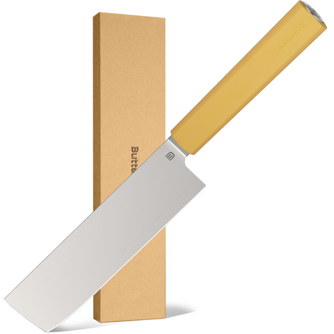 Butterfork Purest 6.2'' Nakiri Knife with Oak Sheath, AR-RPM9 Stainless Steel, Replaceable ABS Handle, Pale Yellow