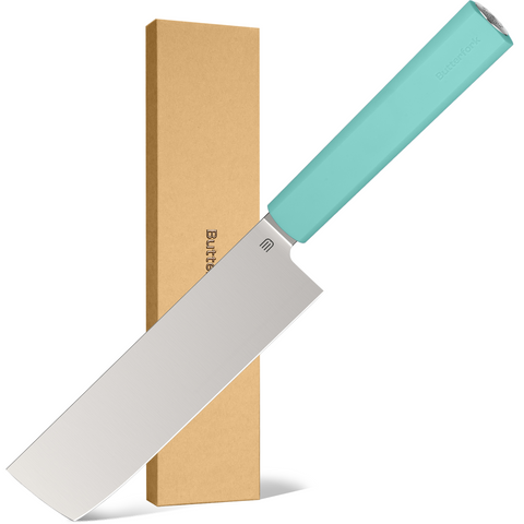 Butterfork Purest 6.2'' Nakiri Knife with Oak Sheath, AR-RPM9 Stainless Steel, Replaceable ABS Handle, Turquoise Green