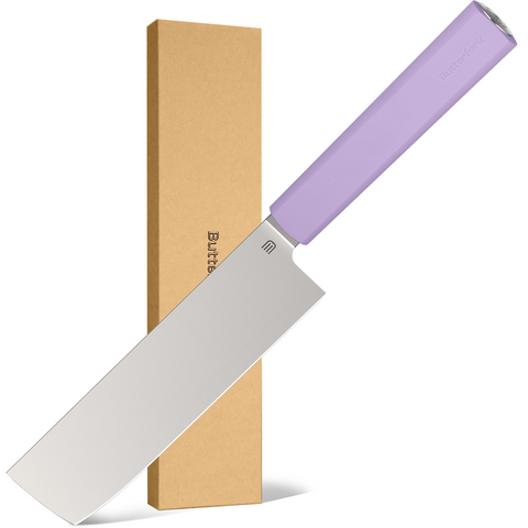 Butterfork Purest 6.2'' Nakiri Knife with Oak Sheath, AR-RPM9 Stainless Steel, Replaceable ABS Handle, Mist Violet