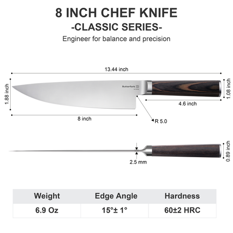Butterfork Classic 8" Chef's Knife, AR-RPM9 Stainless Steel, Ergonomic Pakkawood handle, Ideal for All-Around Food Preparation