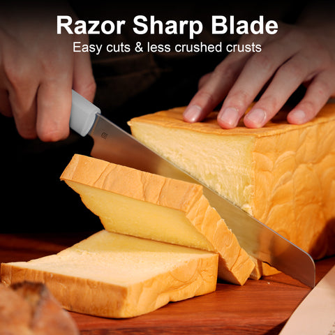 Butterfork Purest 8” Bread Knife with Oak Sheath, AR-RPM9 Stainless Steel, Replaceable ABS Handle, Light Grey