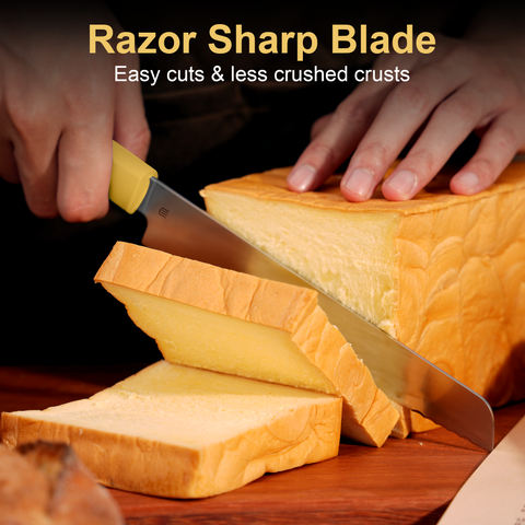 Butterfork Purest 8” Bread Knife with Oak Sheath, AR-RPM9 Stainless Steel, Replaceable ABS Handle, Pale Yellow