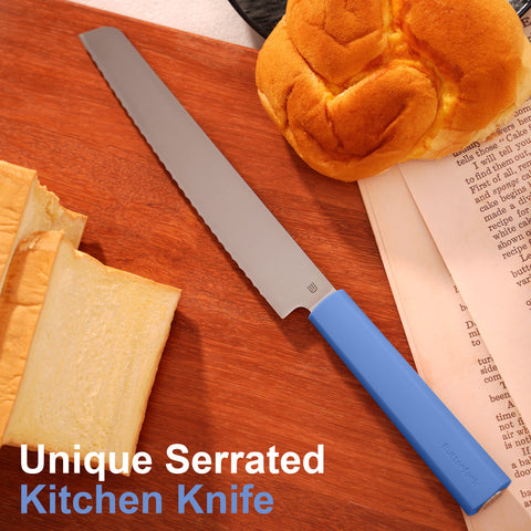 Butterfork Purest 8” Bread Knife with Oak Sheath, AR-RPM9 Stainless Steel, Replaceable ABS Handle, Ultramarine