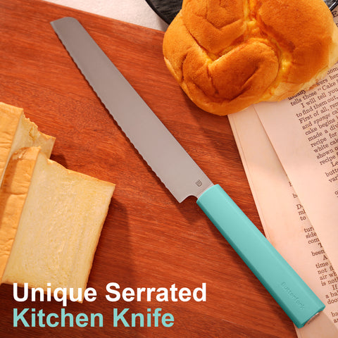 Butterfork Purest 8” Bread Knife with Oak Sheath, AR-RPM9 Stainless Steel, Replaceable ABS Handle, Turquoise Green