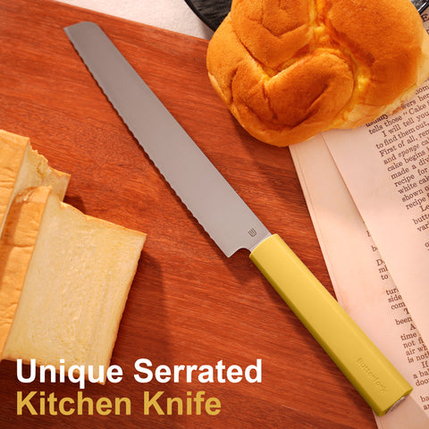 Butterfork Purest 8” Bread Knife with Oak Sheath, AR-RPM9 Stainless Steel, Replaceable ABS Handle, Pale Yellow