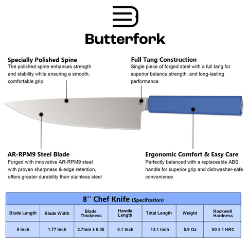 Butterfork Purest 8” Chef's Knife, AR-RPM9 Stainless Steel, Replaceable ABS Handle, Ultramarine