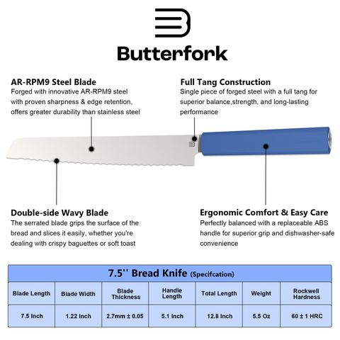 Butterfork Purest 8” Bread Knife with Oak Sheath, AR-RPM9 Stainless Steel, Replaceable ABS Handle, Ultramarine