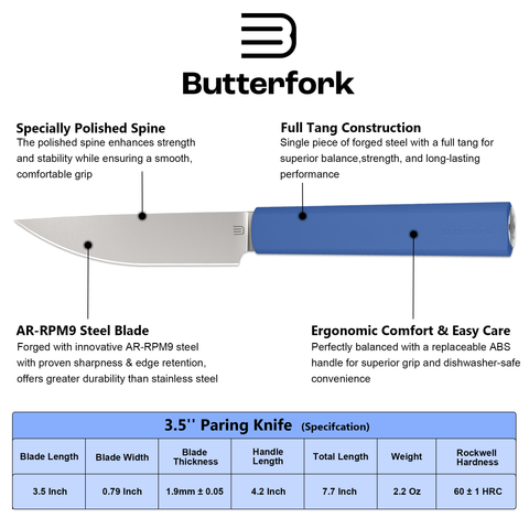 Butterfork Purest  3.5'' Paring Knife with Oak Sheath, Morden Vegetable & Fruit Knife, AR-RPM9 Stainless Steel, Replaceable ABS Handle, Ultramarine