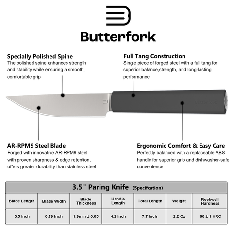 Butterfork Purest  3.5'' Paring Knife with Oak Sheath, Morden Vegetable & Fruit Knife, AR-RPM9 Stainless Steel, Replaceable ABS Handle, Dark Grey