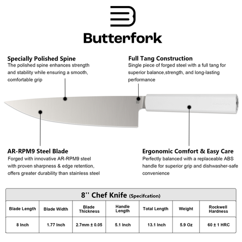 Butterfork Purest 8” Chef's Knife with Oak Sheath, AR-RPM9 Stainless Steel, Replaceable ABS Handle, Light Grey