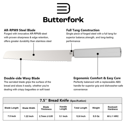 Butterfork Purest 8” Bread Knife with Oak Sheath, AR-RPM9 Stainless Steel, Replaceable ABS Handle, Light Grey