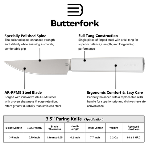 Butterfork Purest  3.5'' Paring Knife with Oak Sheath, Morden Vegetable & Fruit Knife, AR-RPM9 Stainless Steel, Replaceable ABS Handle, Light Grey