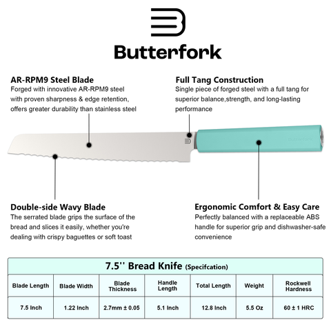 Butterfork Purest 8” Bread Knife with Oak Sheath, AR-RPM9 Stainless Steel, Replaceable ABS Handle, Turquoise Green