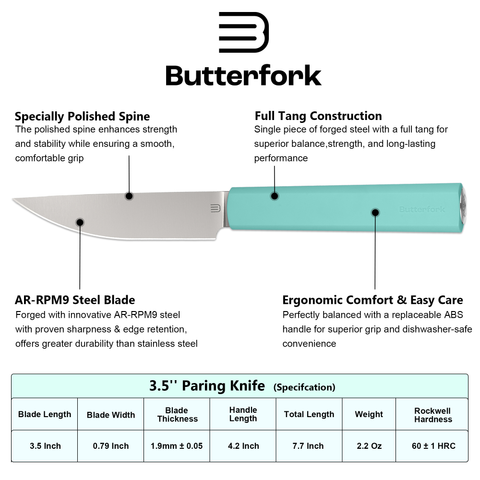 Butterfork Purest  3.5'' Paring Knife with Oak Sheath, Morden Vegetable & Fruit Knife, AR-RPM9 Stainless Steel, Replaceable ABS Handle, Turquoise Green
