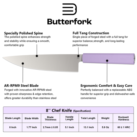 Butterfork Purest 8” Chef's Knife, AR-RPM9 Stainless Steel, Replaceable ABS Handle, Mist Violet