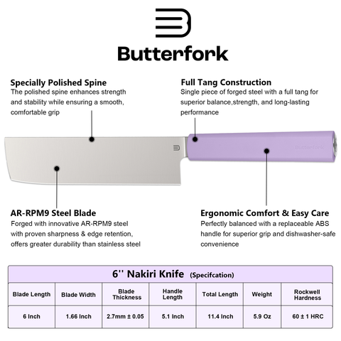 Butterfork Purest 6.2'' Nakiri Knife with Oak Sheath, AR-RPM9 Stainless Steel, Replaceable ABS Handle, Mist Violet