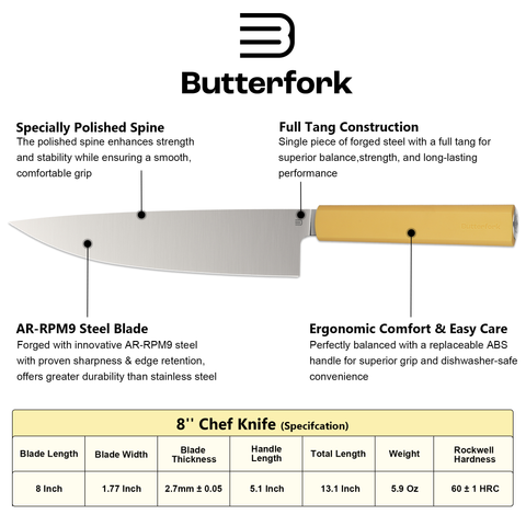 Butterfork Purest 8” Chef's Knife, AR-RPM9 Stainless Steel, Replaceable ABS Handle, Pale Yellow