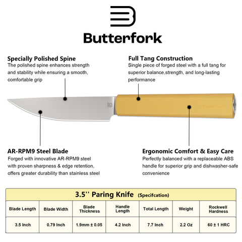 Butterfork Purest  3.5'' Paring Knife with Oak Sheath, Morden Vegetable & Fruit Knife, AR-RPM9 Stainless Steel, Replaceable ABS Handle, Pale Yellow