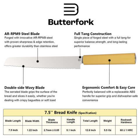 Butterfork Purest 8” Bread Knife with Oak Sheath, AR-RPM9 Stainless Steel, Replaceable ABS Handle, Pale Yellow